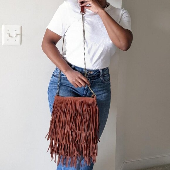 Deep Orange Rust Color Boho Fringe Crossbody Bag - Picture 2 of 8